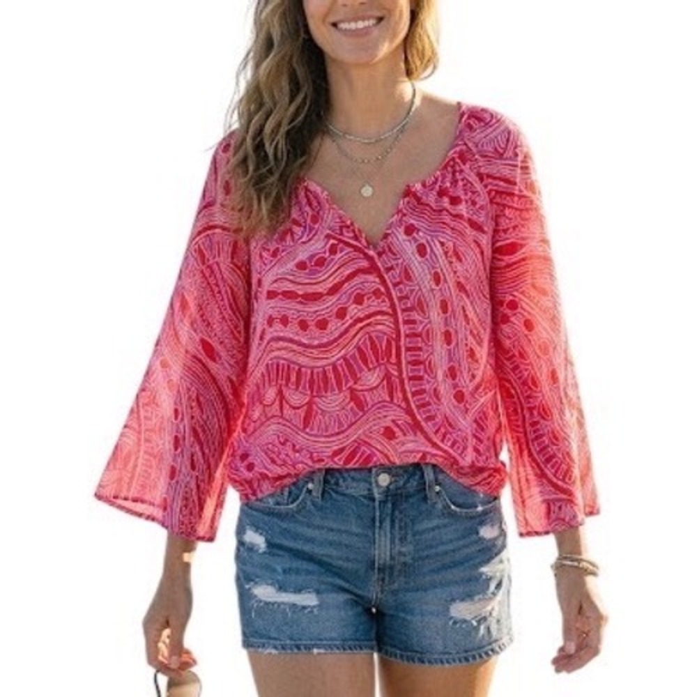 TRINA TURK Sheer Silk Peasant Blouse Top SZ L Bell Sleeves Tropical Resort Boho